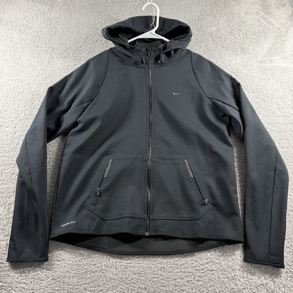 Nike Storm Fit Jacket Womens Large Black Hooded Weather Proof Fleece Lined